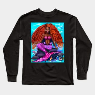 Black mermaid with flowing red locks singing , brown eyes Afro hair and caramel brown skin Long Sleeve T-Shirt